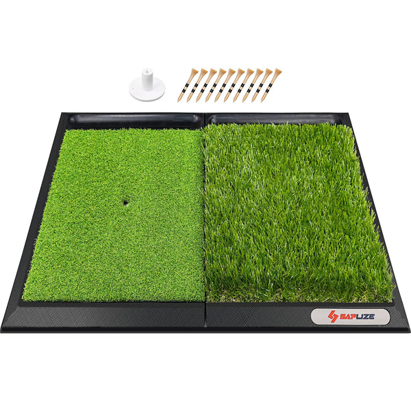 SAPLIZE 25" x 17" Golf Hitting Mat with Ball Tray, Heavy Rubber Base, Fairway & Rough Turf (Golf Tees and Rubber Tee Holder Included), Portable Golf Practice Mat for Indoor& Outdoor - Golf Gift