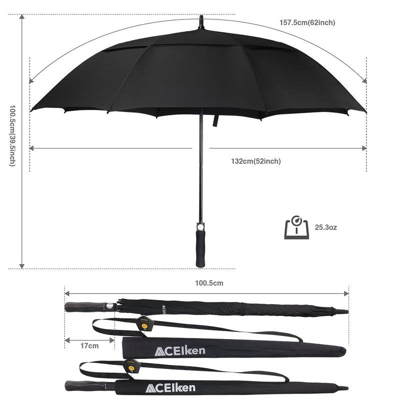 ACEIken Golf Umbrella Windproof Large 62 Inch, Double Canopy Vented, Automatic Open, Extra Large Oversized, Waterproof Sun Protection Ultra Rain & Wind Resistant Umbrellas, Black