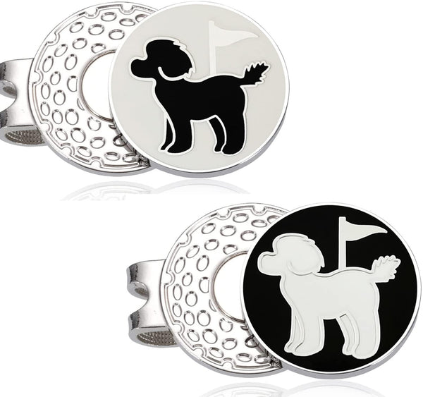 ADHERE Golf Ball Markers Unique Double Side Cute Poodle Enamel Logo with A Magnetic Hat Clips，a Good Gift for Golfer,Dog Lover (White+Black)