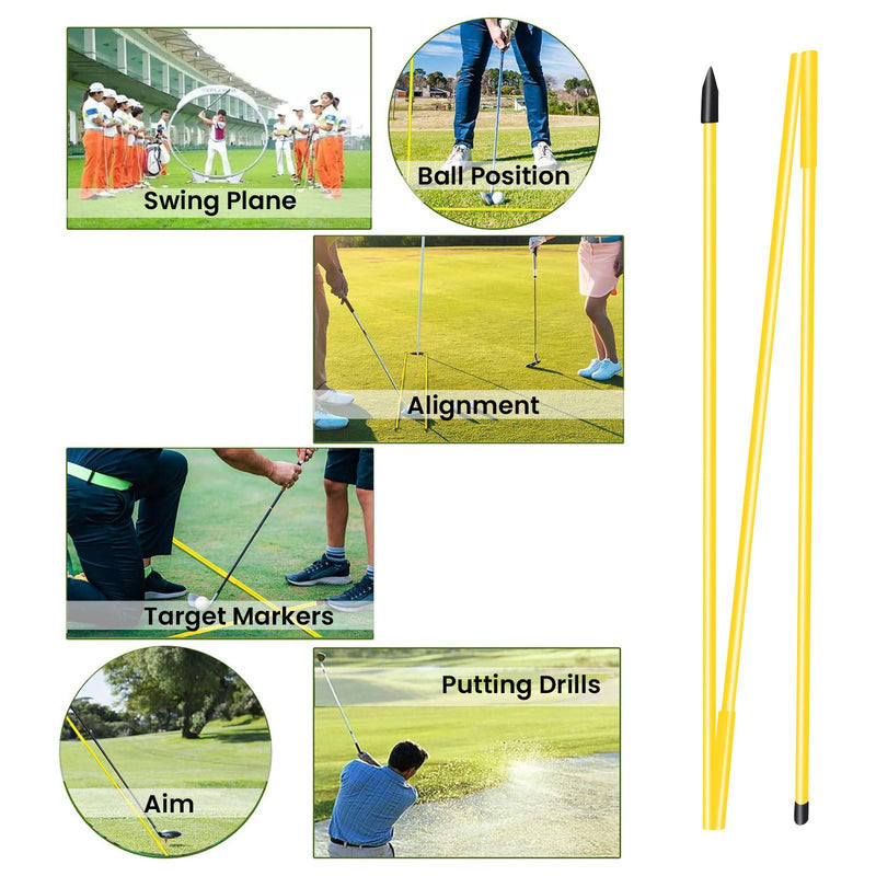 Golf Alignment Stick Training Aid Foldable Rods 2 Sticks with Cover, Practice Aid for Aiming Putting Swing Trainer Posture Corrector Indoor Outdoor (Yellow)