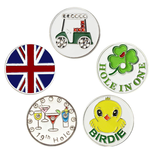 AXKAL Golf Ball Marker Hat Clip Tool for Men Women 5 Pack Set, Golf Ball Markers Assorted Patterns Mark Golf Divot Tool Accessories Bright Color (5 Pc Mixed Marker)