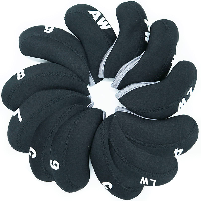 Golf Iron Head Covers Neoprene numbers Value 12 Pcs Set, Golf Iron Headcovers Protector for Club Mens Elasticity Protable Fit All Brands Not Visible (12 Pcs-Black)