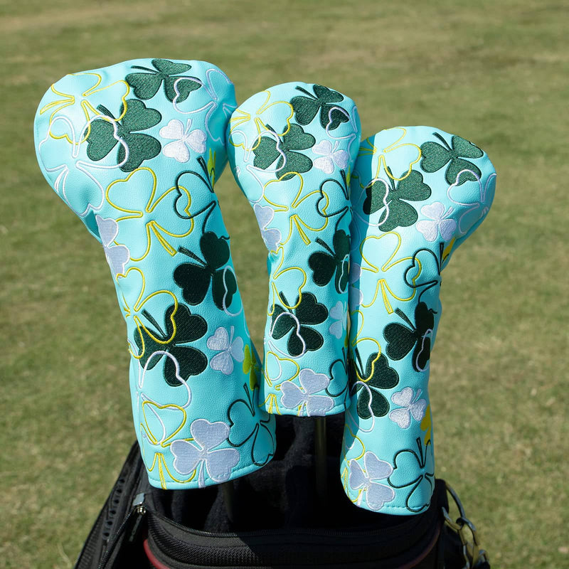 Lucky Shamrock Golf Fairway Wood Head Cover, White Leather Golf Club Covers for Woods, Rotatable