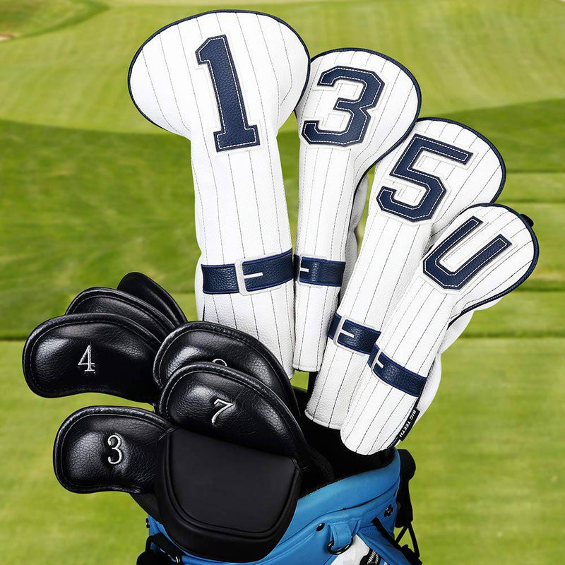 Big Teeth Golf Club Head covers Wood Set 4 PACKS 1.3.5.U DR FW UT for Driver Fairway Hybrid White PU Leather Baseball Uniform Style Elastic Closure