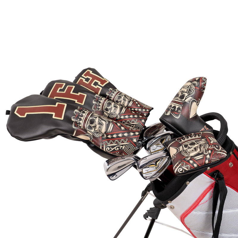 Golf Club Head covers Wood Set 3 PACKS 1FH DR FW UT for Driver Fairway Hybrid with No.Tag Elastic Closure Black PU Leather Skeleton King