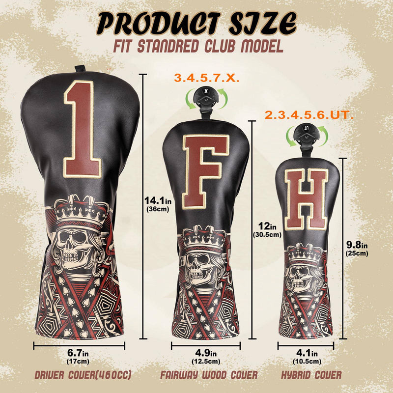 Golf Club Head covers Wood Set 3 PACKS 1FH DR FW UT for Driver Fairway Hybrid with No.Tag Elastic Closure Black PU Leather Skeleton King