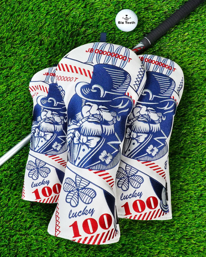 Golf Club Head covers Wood Set 3 PACKS 1FH DR FW UT for Driver Fairway Hybrid with No.Tag Elastic Closure White PU Leather St. Patrick Pattern