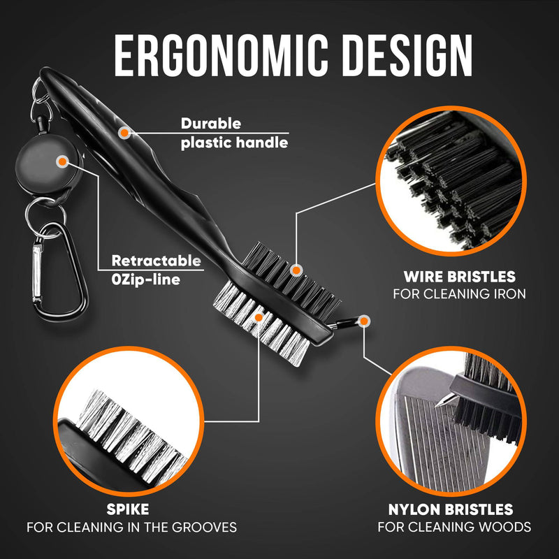 Golf Club Cleaning Brush and Groove Cleaner with Retractable Clip, Extends 2 ft Brass, Ergonomic Design, Easily Attaches to Golf Bag(Black)