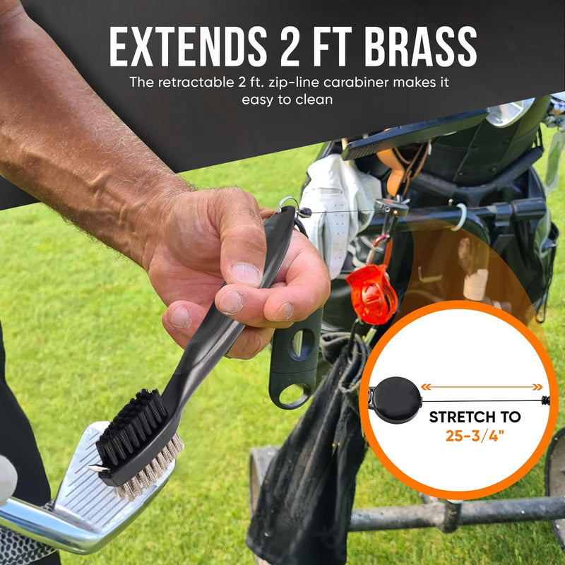 Golf Club Cleaning Brush and Groove Cleaner with Retractable Clip, Extends 2 ft Brass, Ergonomic Design, Easily Attaches to Golf Bag(Black)