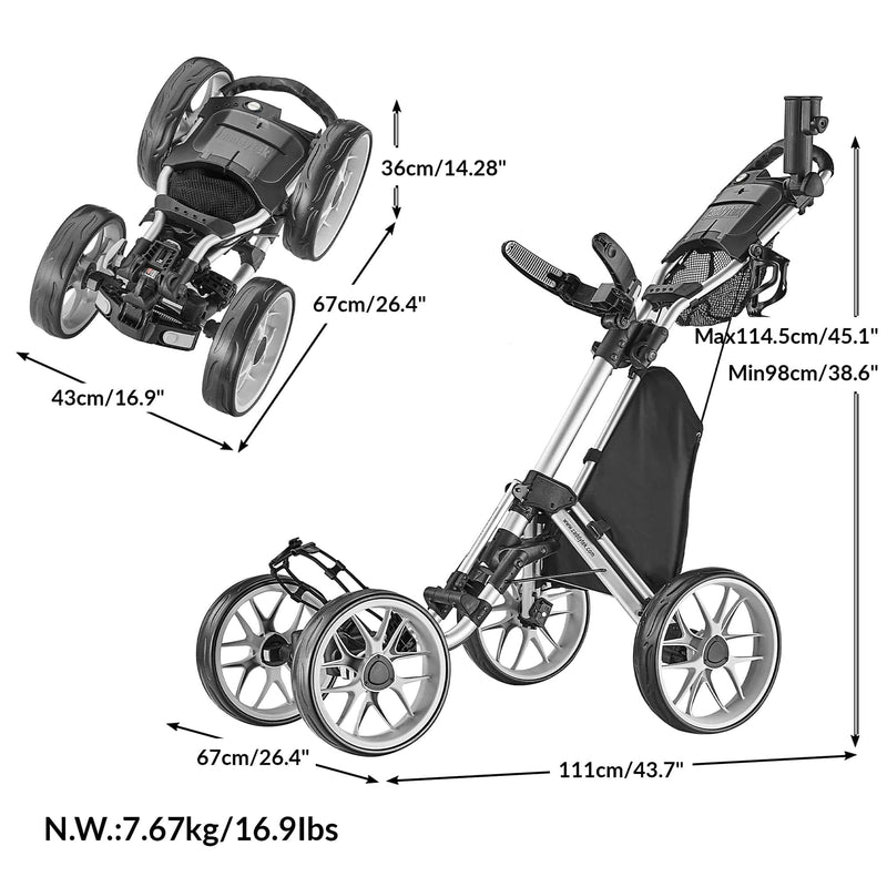 Caddytek 4 Wheel Golf Push Cart - Caddycruiser One Version 8 1-Click Folding Trolley - Lightweight, Compact Pull Caddy Cart, Easy to Open