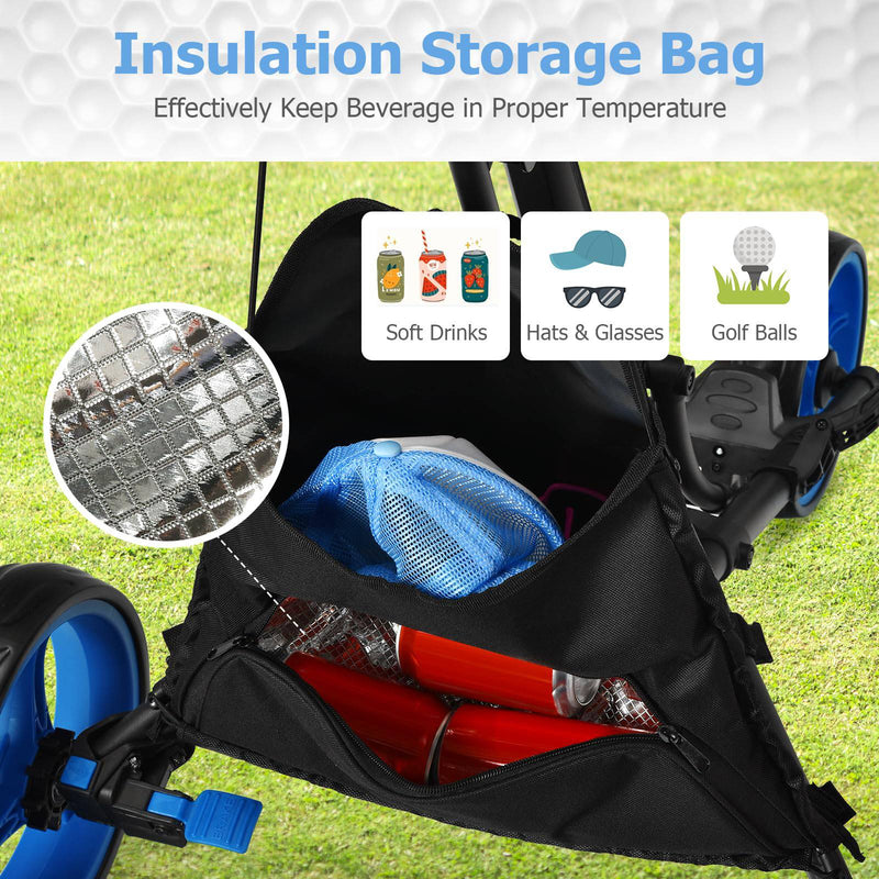 COSTWAY 3 Wheel Golf Push Pull Cart, Lightweight Foldable Golf Trolley with Adjustable Height Handle, Umbrella Stand, Insulation Storage Bag, Cup Holder and Foot Brake (Blue)