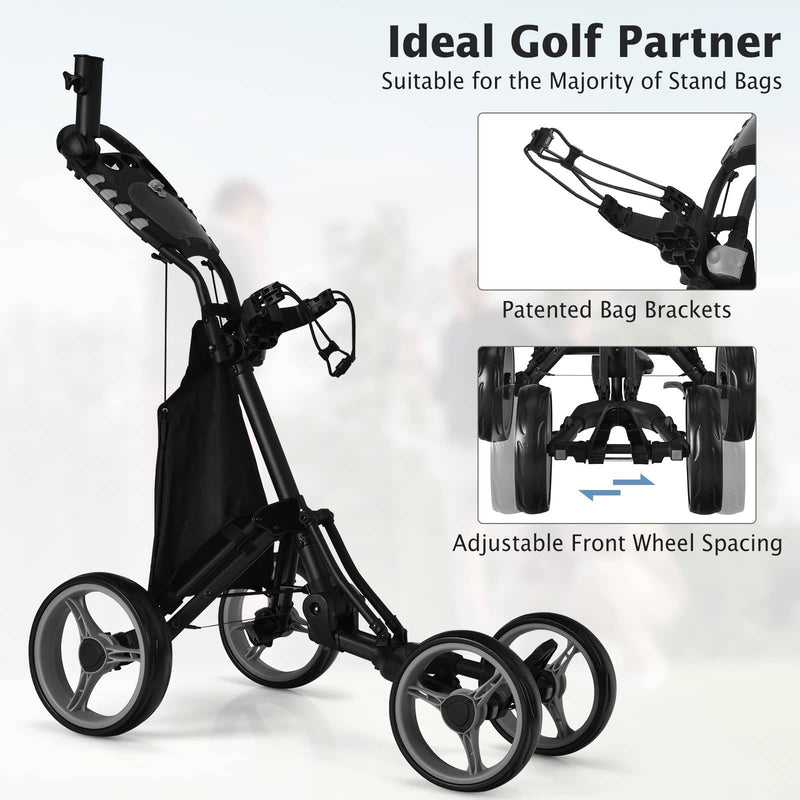 COSTWAY 4 Wheel Golf Trolley, Lightweight Folding Golfs Push Pull Cart with Adjustable Height Handle, Umbrella Stand, Cup Holder and Foot Brake (with Storage Bag, Grey)