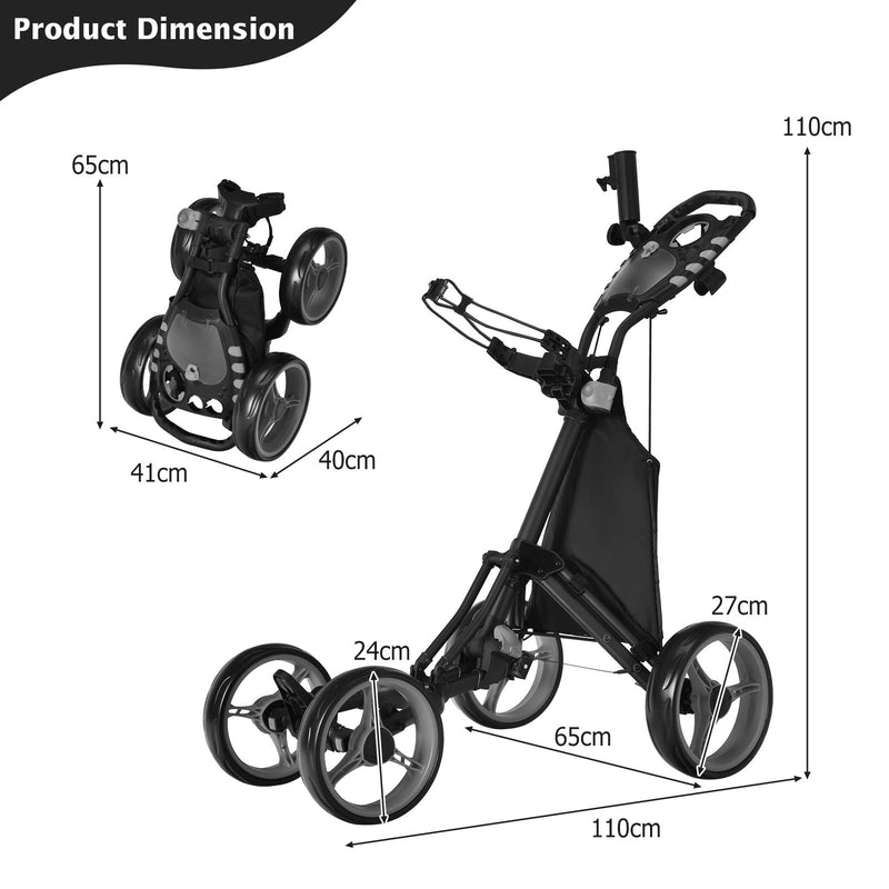 COSTWAY 4 Wheel Golf Trolley, Lightweight Folding Golfs Push Pull Cart with Adjustable Height Handle, Umbrella Stand, Cup Holder and Foot Brake (with Storage Bag, Grey)