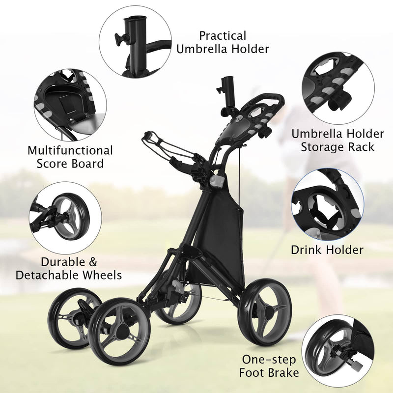 COSTWAY 4 Wheel Golf Trolley, Lightweight Folding Golfs Push Pull Cart with Adjustable Height Handle, Umbrella Stand, Cup Holder and Foot Brake (with Storage Bag, Grey)