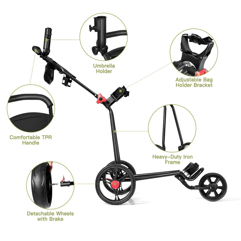 COSTWAY Folding Golf Push Pull Cart, Lightweight 3 Wheels Golfs Trolley with Foot Brake, Umbrella & Cup Holder, Adjustable Handle and Storage Bag