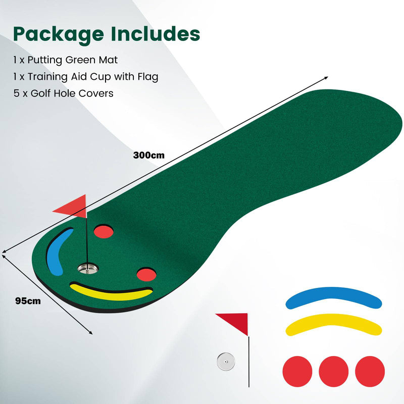 COSTWAY Golf Putting Green Set, Par Three Putting Mat with 3 Putting Cups, 1 Flag and Golf Hole Covers, Indoor Outdoor Putt Green Carpet for Golf Putting Practice