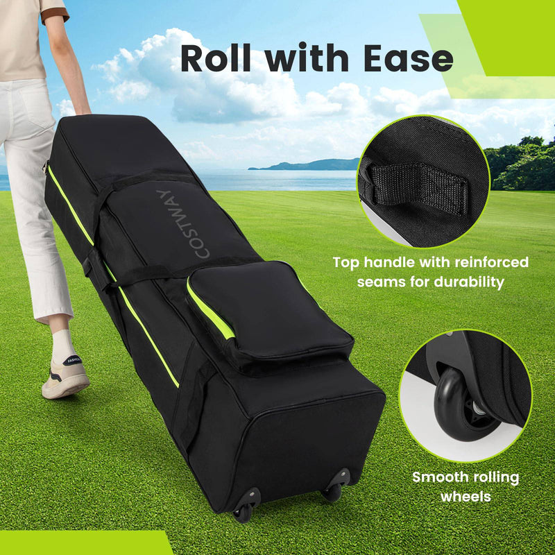 COSTWAY Wheeled Golf Travel Bag, Soft-Sided Travel Cover with 3 Handles, Extra Storage Pocket, Zipper and Key, Foldable Golf Club Stand Bags