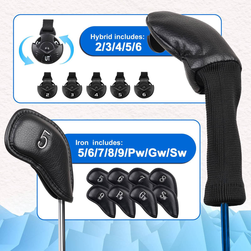 Craftsman Golf 8pcs 5,6,7,8,9,P,S,G Black Leather Iron Headcover + 3pcs Hybrids Head Covers Full Golf Club Set