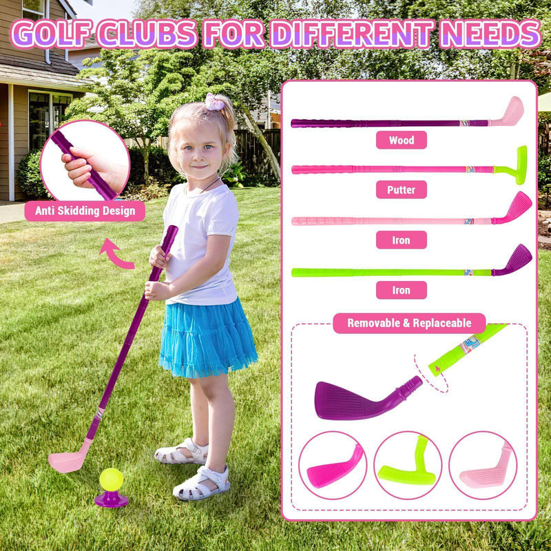 deAO Golf Set for Kids, Kids Golf Suitcase Toy Set, Outdoor Indoor Sports Toys, Golf Clubs Set Garden Game for Boys Girls Toddlers 3 4 5 6 7 8 9 10 Years Old (Pink)