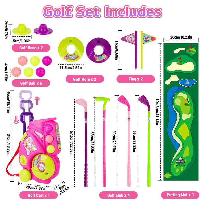 deAO Golf Set for Kids, Kids Golf Suitcase Toy Set, Outdoor Indoor Sports Toys, Golf Clubs Set Garden Game for Boys Girls Toddlers 3 4 5 6 7 8 9 10 Years Old (Pink)