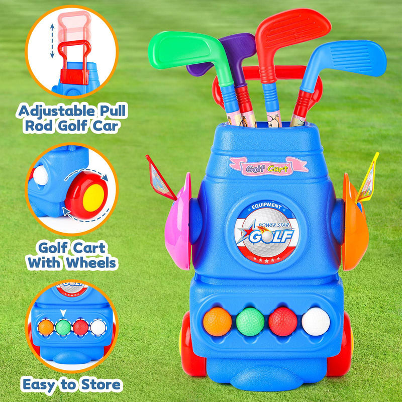 deAO Young Golfers Fun Beginners Set Kit for 3-10 YEAR OLDS, Kids – Golf Clubs, Cart, Holes and Play Balls Included