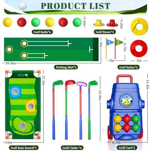 Doloowee Kids Golf Clubs, Toddler Golf Set with 6 Balls, 4 golf clubs, 1 Cornhole Board & Putting Mat, Kids Golf Set Mini Golf Set Toddler Toys Gift for 3 4 5 6 7 8 9Years Old Boys Girls