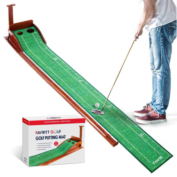 Favritt Putting Mat Indoor Golf, Golf Putting Mat with Automatic Ball Return System, 2 Sizes Holes Golf Practice Mat for Home, Office and Backyard