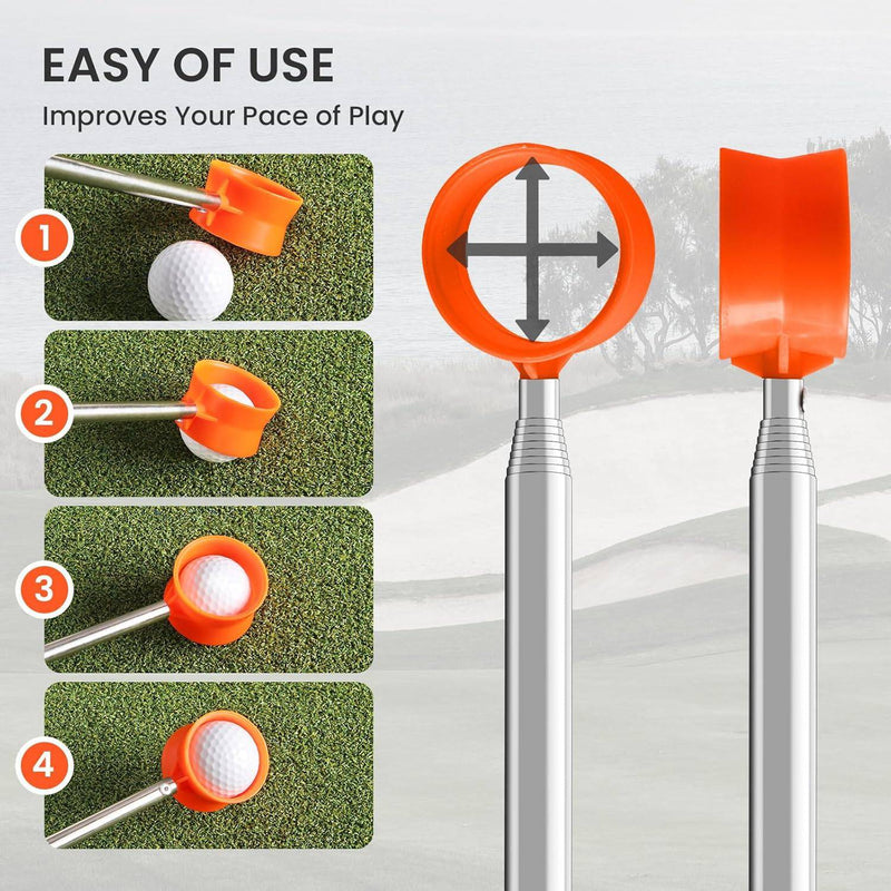 FINGER TEN Golf Ball Retriever Telescopic Pick up Scoop Ball Retriever，Golf Ball Retriever Picker Stainless Steel Shaft Retracted Length with Locking Scoop (Silver-12ft)