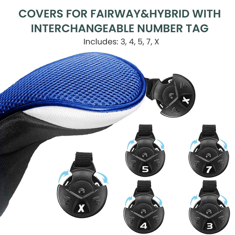 FINGER TEN Golf Club Head Covers for Woods Long Cover Driver Hybrid Fairway, Headcovers with Interchangeable No. Tag Novelty Durable Fit Woods Clubs (Blue-5 pack (1 Driver& 2 Fairway&2 Hybrid))