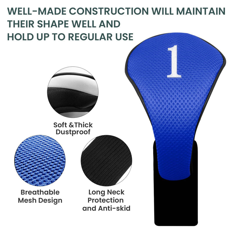 FINGER TEN Golf Club Head Covers for Woods Long Cover Driver Hybrid Fairway, Headcovers with Interchangeable No. Tag Novelty Durable Fit Woods Clubs (Blue-5 pack (1 Driver& 2 Fairway&2 Hybrid))