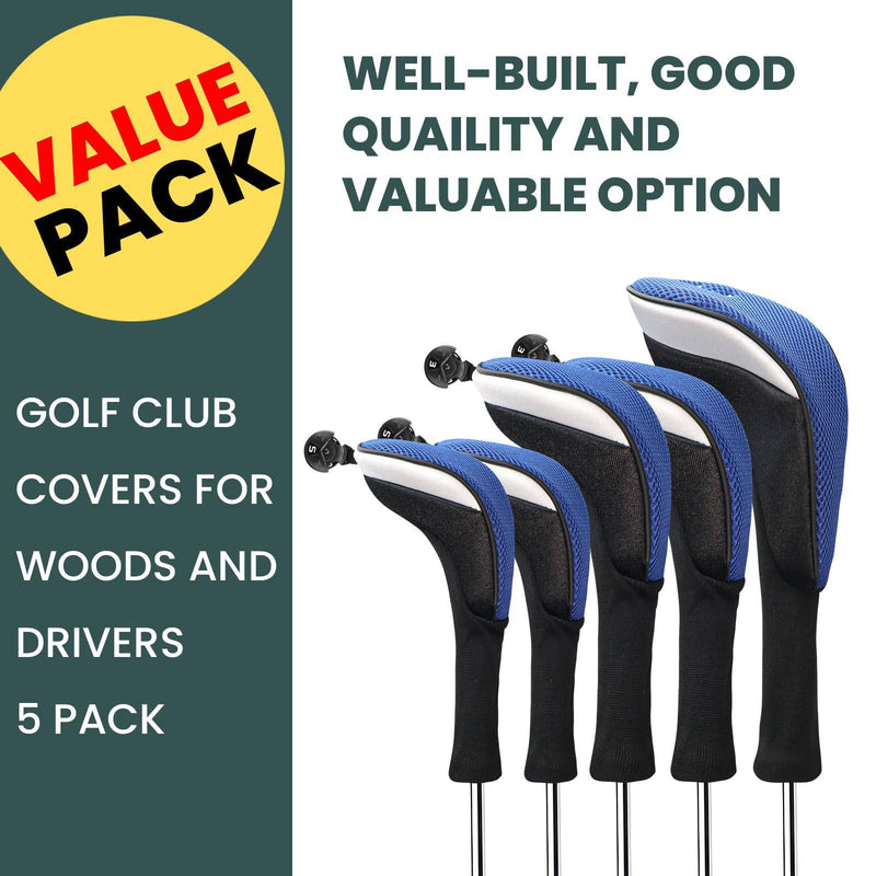 FINGER TEN Golf Club Head Covers for Woods Long Cover Driver Hybrid Fairway, Headcovers with Interchangeable No. Tag Novelty Durable Fit Woods Clubs (Blue-5 pack (1 Driver& 2 Fairway&2 Hybrid))
