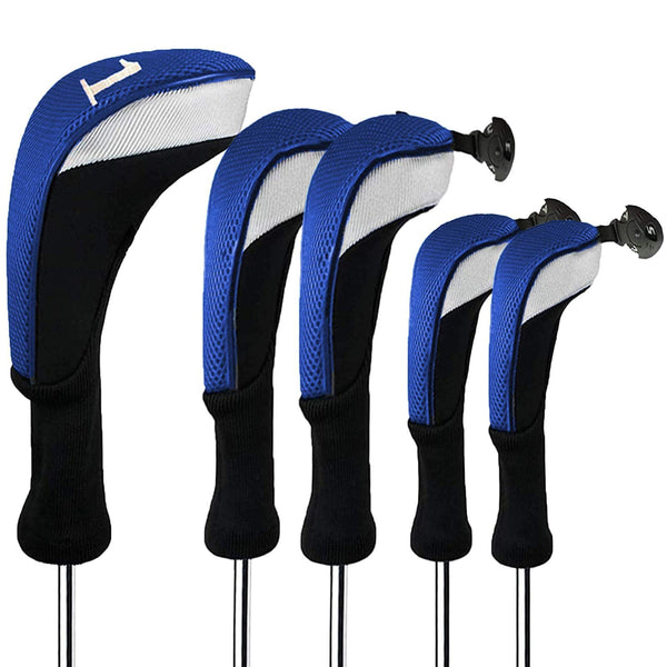 FINGER TEN Golf Club Head Covers for Woods Long Cover Driver Hybrid Fairway, Headcovers with Interchangeable No. Tag Novelty Durable Fit Woods Clubs (Blue-5 pack (1 Driver& 2 Fairway&2 Hybrid))