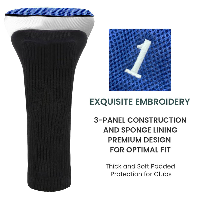 FINGER TEN Golf Club Head Covers for Woods Long Cover Driver Hybrid Fairway, Headcovers with Interchangeable No. Tag Novelty Durable Fit Woods Clubs (Blue-5 pack (1 Driver& 2 Fairway&2 Hybrid))