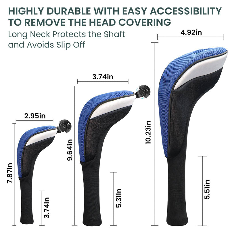 FINGER TEN Golf Club Head Covers for Woods Long Cover Driver Hybrid Fairway, Headcovers with Interchangeable No. Tag Novelty Durable Fit Woods Clubs (Blue-5 pack (1 Driver& 2 Fairway&2 Hybrid))