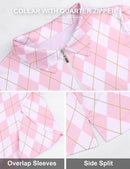 Flikity Polo Shirts for Women UK Ladies Golf Tops 1/4 Zip Up Womens Golf Shirt Short Sleeve Zip Up Stretchy Golf Tops Casual Argyle Print