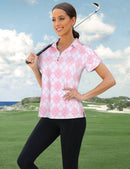 Flikity Polo Shirts for Women UK Ladies Golf Tops 1/4 Zip Up Womens Golf Shirt Short Sleeve Zip Up Stretchy Golf Tops Casual Argyle Print