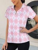 Flikity Polo Shirts for Women UK Ladies Golf Tops 1/4 Zip Up Womens Golf Shirt Short Sleeve Zip Up Stretchy Golf Tops Casual Argyle Print