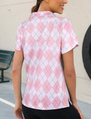 Flikity Polo Shirts for Women UK Ladies Golf Tops 1/4 Zip Up Womens Golf Shirt Short Sleeve Zip Up Stretchy Golf Tops Casual Argyle Print