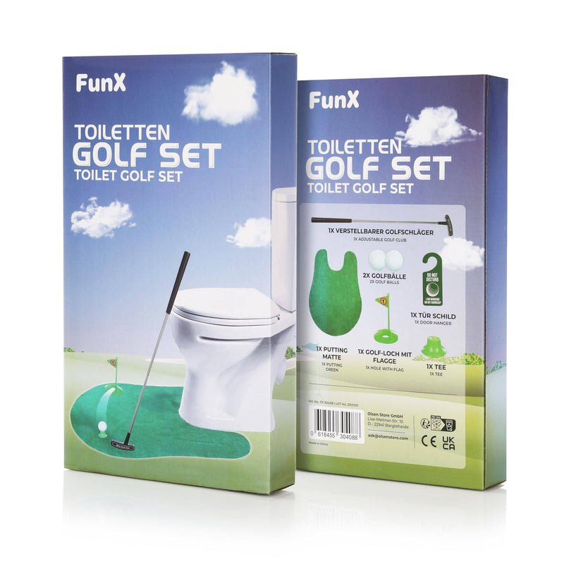 FunX Toilet Golf Gift Set - Funny Mini Golf Men's Gift for Bathroom with Putting Mat - 7-Piece Golf Gift Item