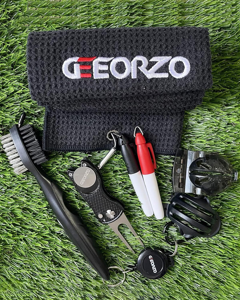 Geeorzo Golf Accessories, Retractable Golf Club Brush, Foldable Golf Divot Repair Tool, Microfiber Golf Towel, Golf Ball Line Marker Tool and Ball Markers (Set1-Black)