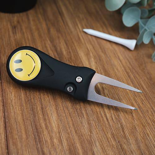 Golf Divot Repair Tool with Smiley Face Magnetic Ball Marker | Quick Release Pop-up Button | Black with Yellow Ball Marker