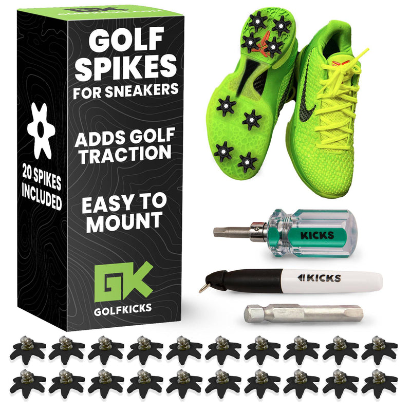 Golfkicks - Golf Spikes for Trainers with DIY Traction Kit, Add Spikes to Almost Any Shoe, As Seen on Shark Tank (Black) (20pcs)