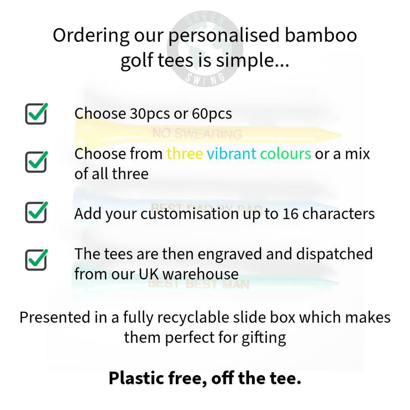 Green Swing Personalised Bamboo Golf Tees 70mm | Perfect For Gifting & Events | Choice of Colours & Quantity | Custom Golf Gifts (30pcs, Mixed)