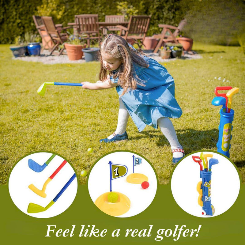 Kids Golf Club Set Garden Plastic Toy Cart Caddy Balls Bag Summer Beach Outdoor