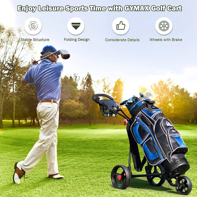 GYMAX Golf Trolley, Folding 3 Wheel Golf Push Cart with Foot Brake, Umbrella & Cup Holder, Adjustable TPR Handle and Mesh Bag, Lightweight Golf Bag Holder