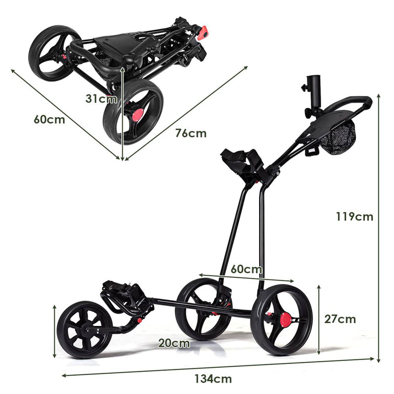 GYMAX Golf Trolley, Folding 3 Wheel Golf Push Cart with Foot Brake, Umbrella & Cup Holder, Adjustable TPR Handle and Mesh Bag, Lightweight Golf Bag Holder