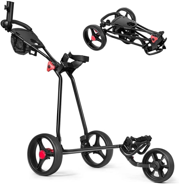 GYMAX Golf Trolley, Folding 3 Wheel Golf Push Cart with Foot Brake, Umbrella & Cup Holder, Adjustable TPR Handle and Mesh Bag, Lightweight Golf Bag Holder