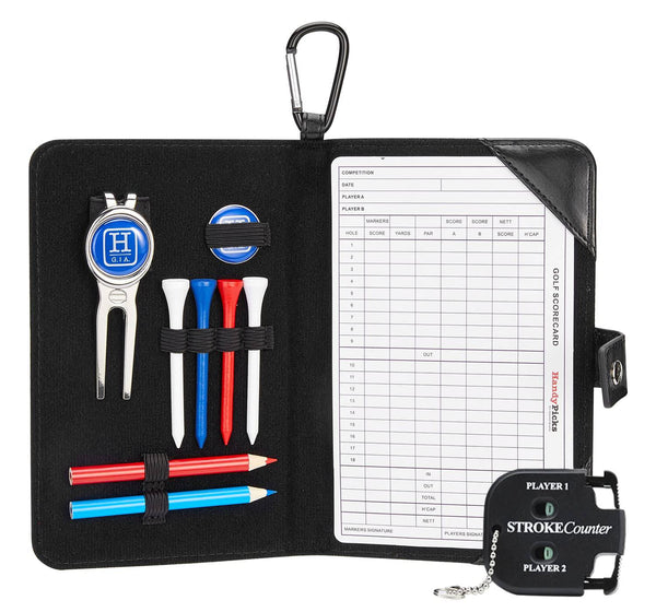 Handy Picks Golf Scorecard Holder n Yardage Book Cover - Divot Repair Tool, Ball Marker, Golf Tees, Scorer, Pencil n Scorecards Included - Gift for Golfers (Black)