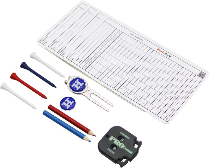Handy Picks Golf Scorecard Holder n Yardage Book Cover - Divot Repair Tool, Ball Marker, Golf Tees, Scorer, Pencil n Scorecards Included - Gift for Golfers (Black)