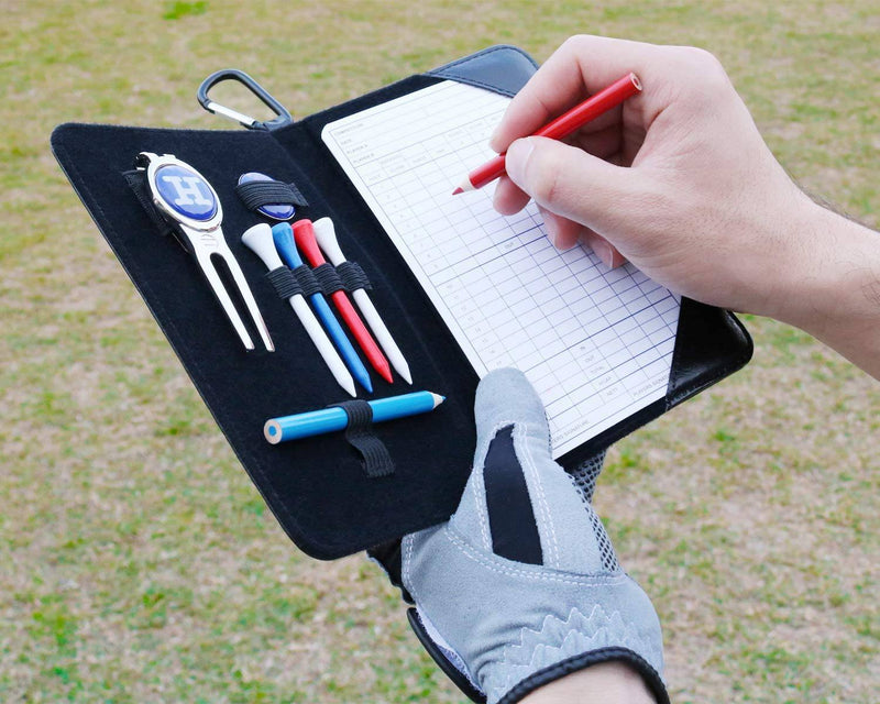 Handy Picks Golf Scorecard Holder n Yardage Book Cover - Divot Repair Tool, Ball Marker, Golf Tees, Scorer, Pencil n Scorecards Included - Gift for Golfers (Black)